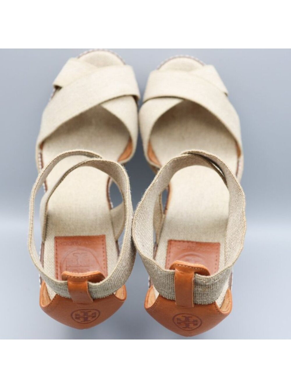 Tory Burch Frieda Platform Wedge Espadrille Sandals Beige Elastic Straps 9.5 B - Picture 10 of 16